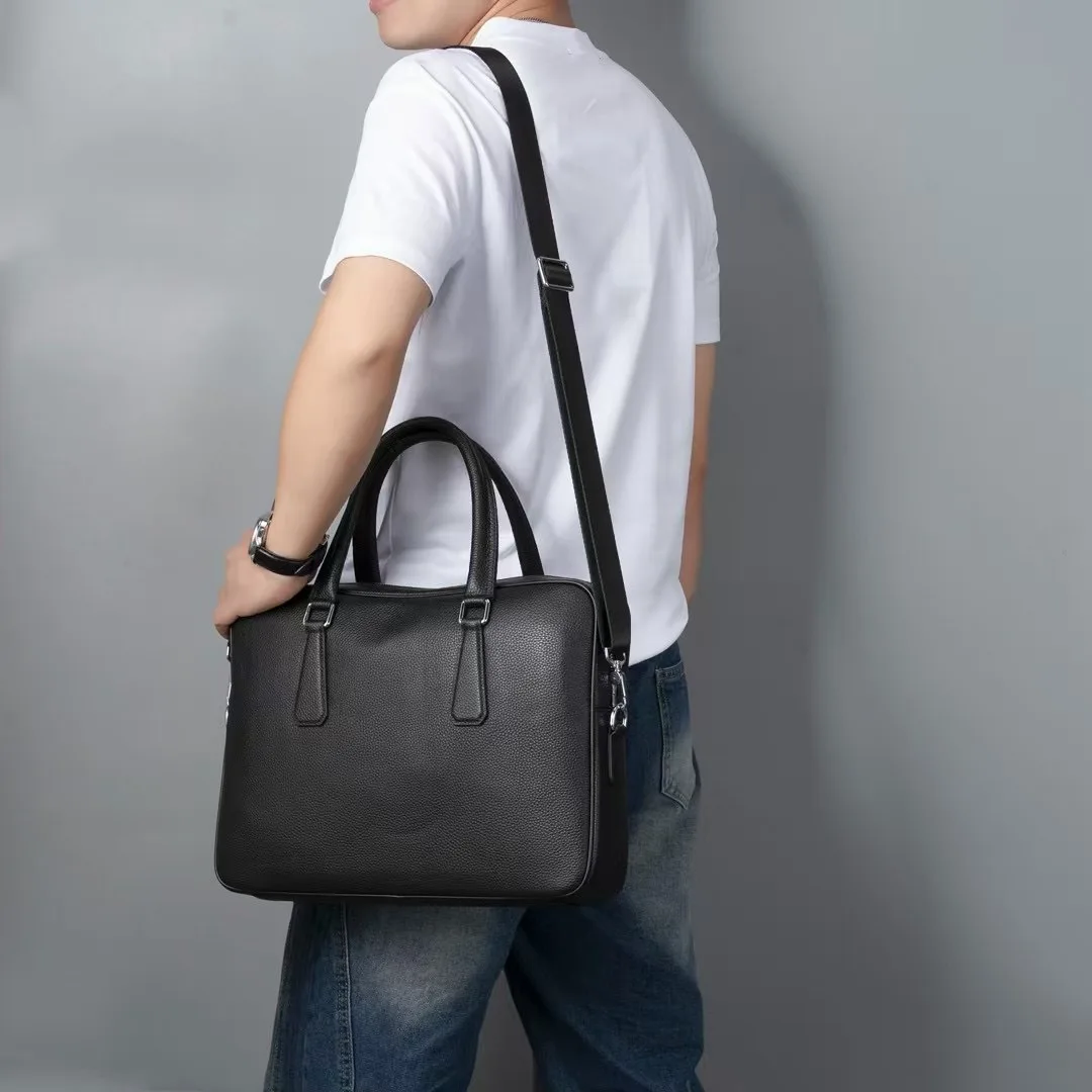 Double Zipper Briefcase Men Bag Genuine Leather Shoulder Bag 14 inch Laptop Bags Large Capacity Handbag Business Men's Briefcase