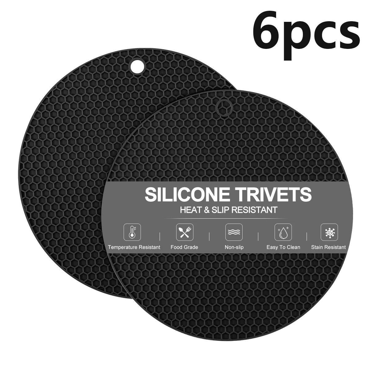 6pcs-7.1Inch-18cm，Black round silicone heat pad thickened, BPA-free, high temperature resistant, easy to clean, dishwasher safe