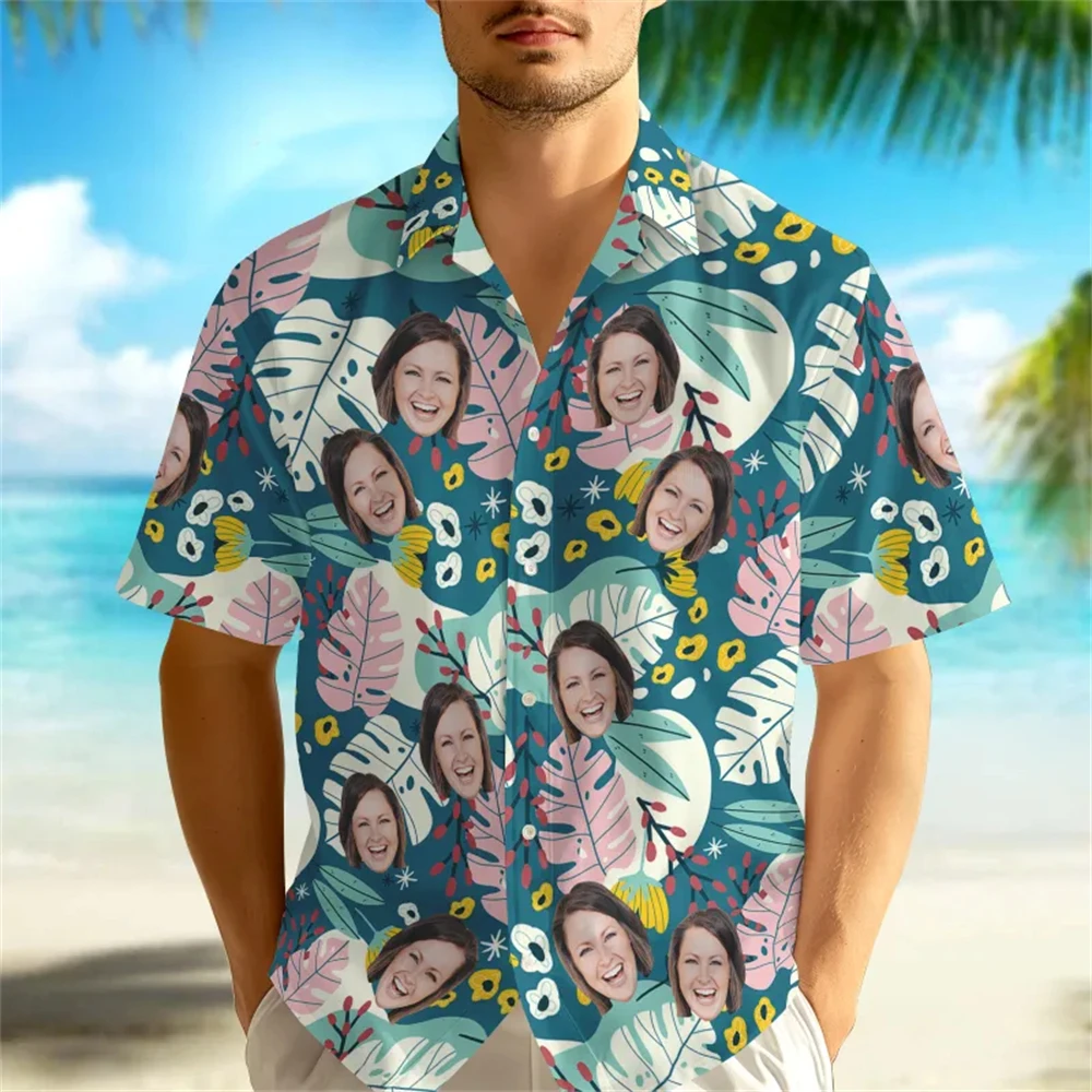 Custom Face Print Hawaiian Shirts Personalized Diy Photo Tropical Flower Button Down Blouse Men Women Summer Beach Hawaii Shirt