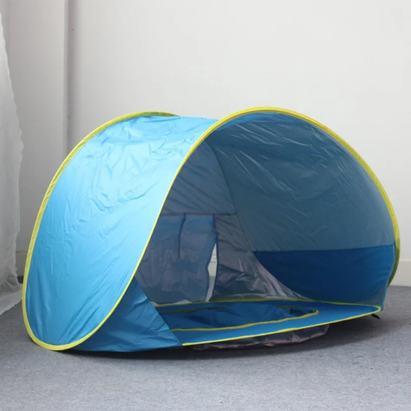 Large Foldable Kids Beach Play Tent with Water Pool Easy Setup Durable Polyester Portable for Outdoor Camping Blue Yellow Trim