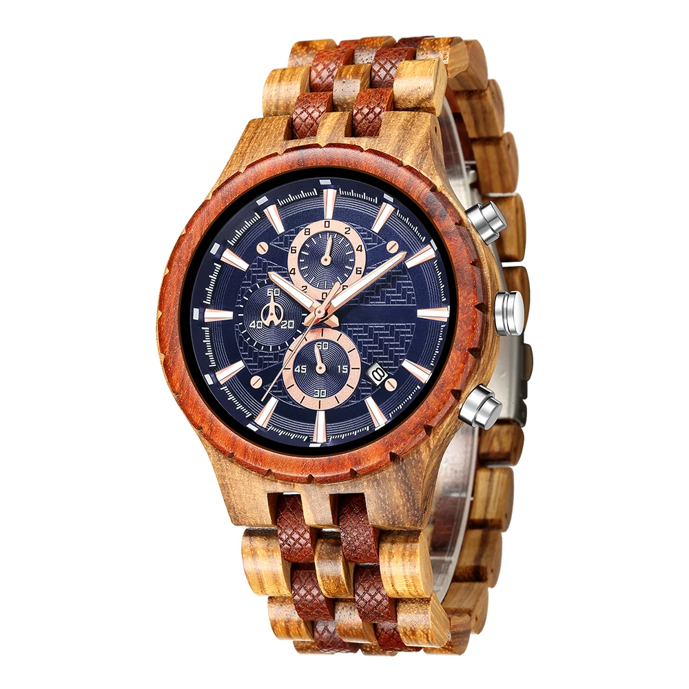 KUNHUANG Wooden Watch Men Top Brand Luxury Stylish Chronograph Military Watches Dial Mens Quartz Watch Luminous Custom Logo