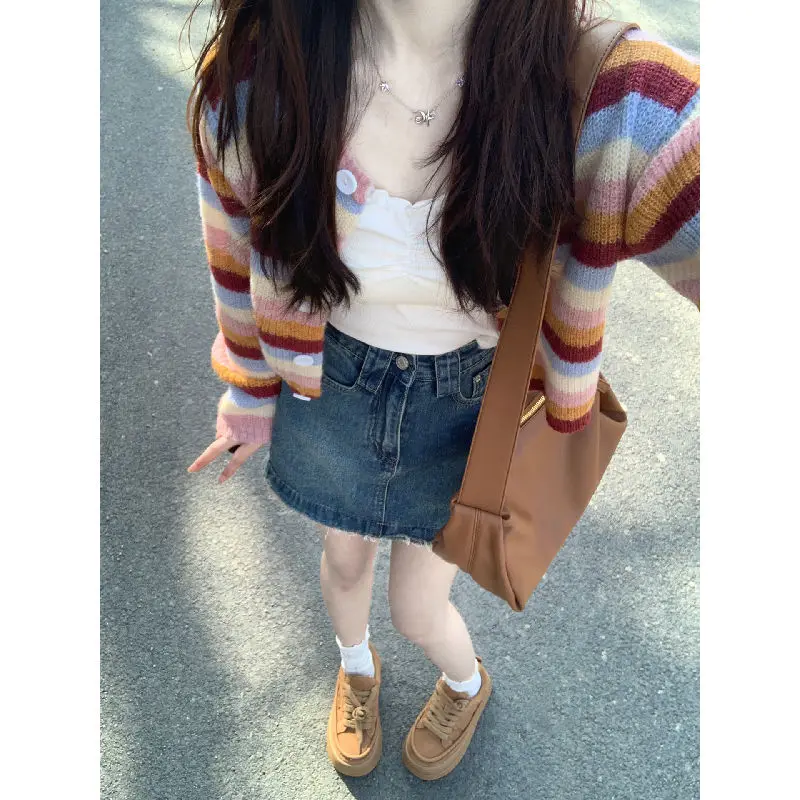 Two-piece/single Small Striped Colorblocking Knit Cardigan + Short A-line Denim Half-body Skirt Suit Female