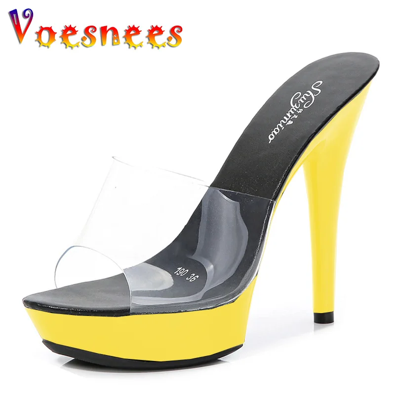 Stripper Heels Slipper female SANDAL WOMAN Summer PVC Slides Waterproof 13cm Thick Bottomed Nightclub Sexy High-heeled Platform