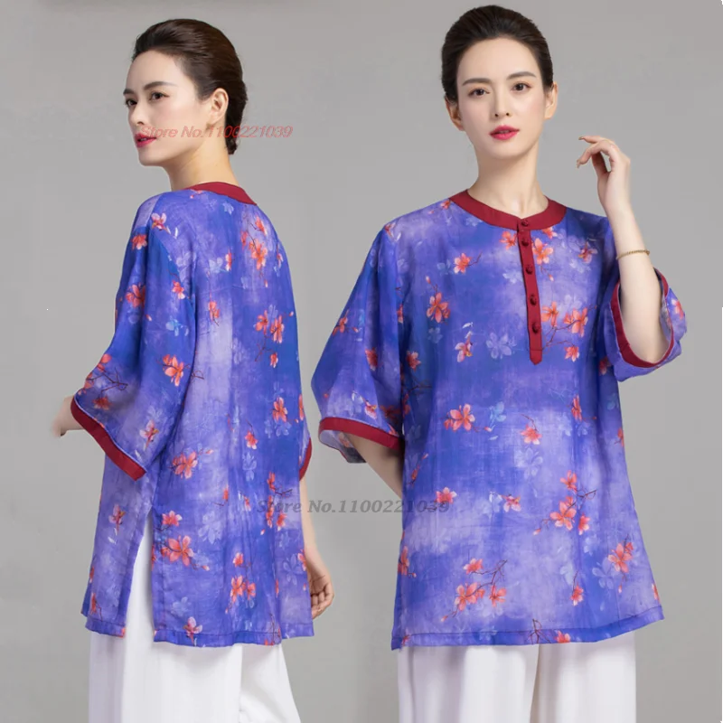 2024 chinese tai chi uniform wushu morning exercise flower print cotton linen kungfu training exercise practice outdoor walking