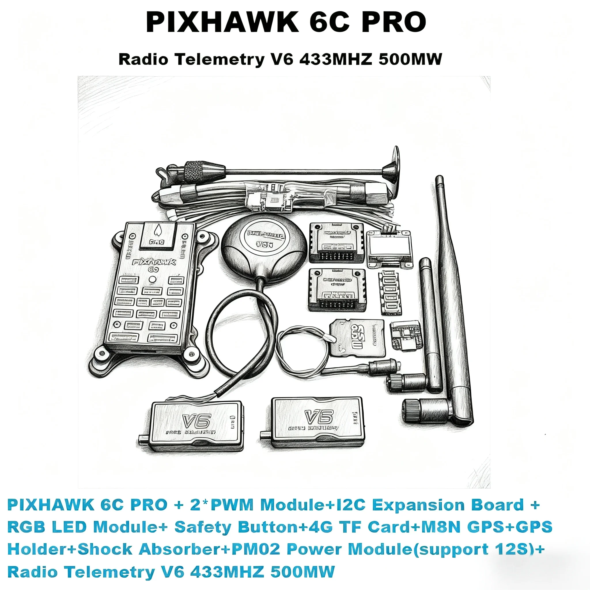 

PIXHAWK 6C PRO FMUV6C Ardupilot PX4 32 Bit Flight Controller Autopilot with 4G SD Safety Built-in Buzzer Radio Telmetry V6 500MW