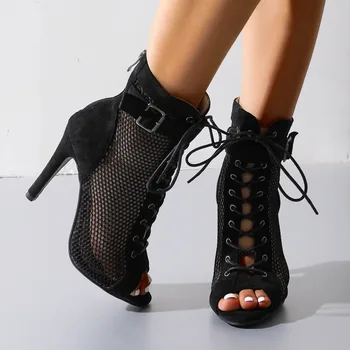 Wysokiej jakości czarne zamszowe szpilki taniec jazzowy buty damskie kryty zamszowa podeszwa konfigurowalne odkryte seksowne szpilki botki