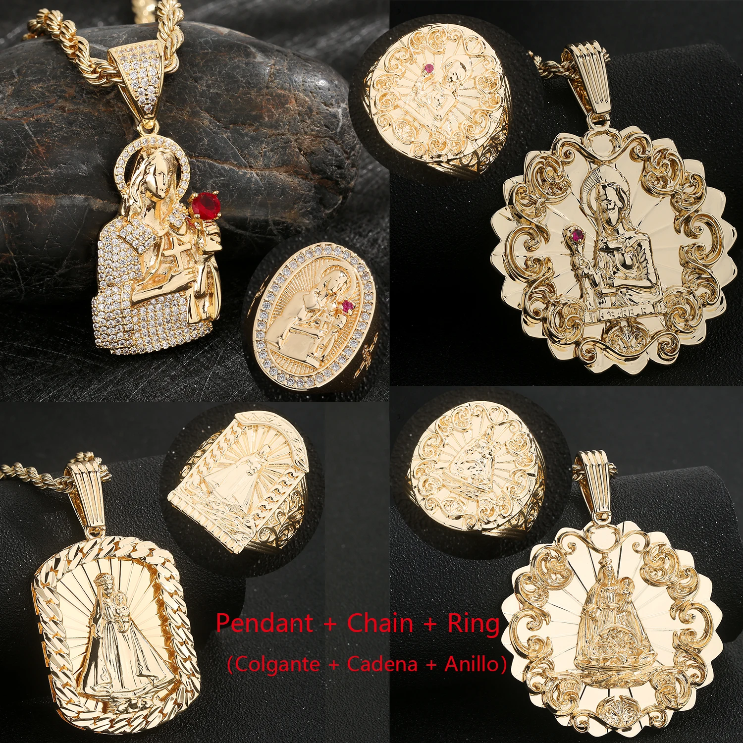 Hip-Hop Style Jewelry Set (Unisex): Gold-Plated Jesus Pendant and Ring – Suitable for Daily Wear, Shopping, or Work