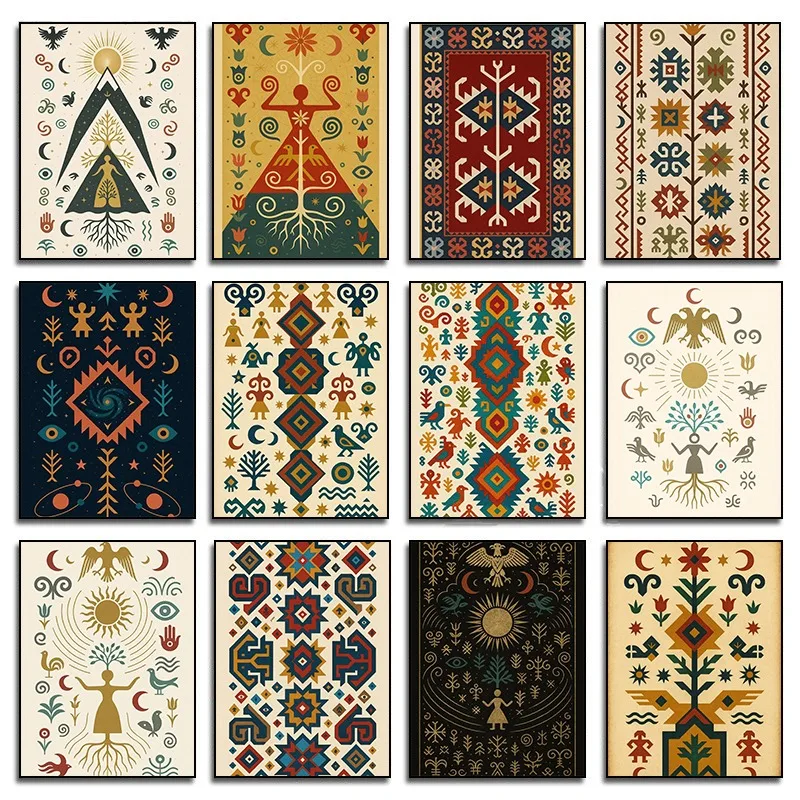 Turkish Anatolian Kilim Print Boho Sacred Symbol Poster Vintage Elibelinde Motif Canvas Art Mystical Tribal Geometric Wall Decor