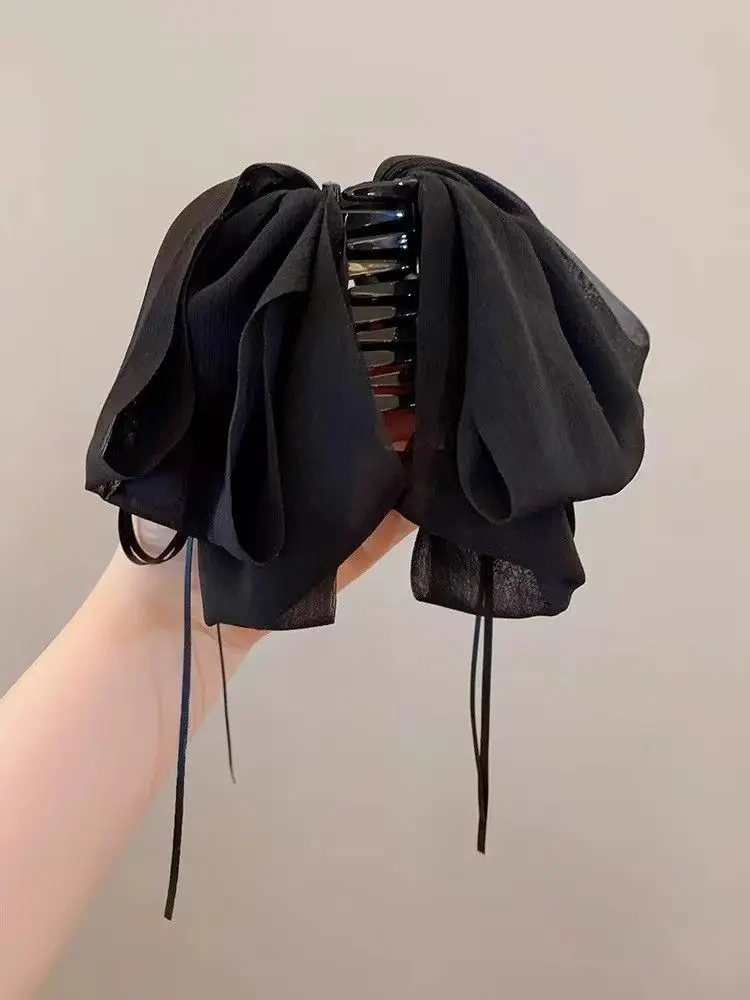 Schwarze modische Haarspange mit Schleife im französischen Stil für Damen, Damen-Haarklammer mit Strass-Haarnadel, Temperament-Kopfschmuck – Detail 8