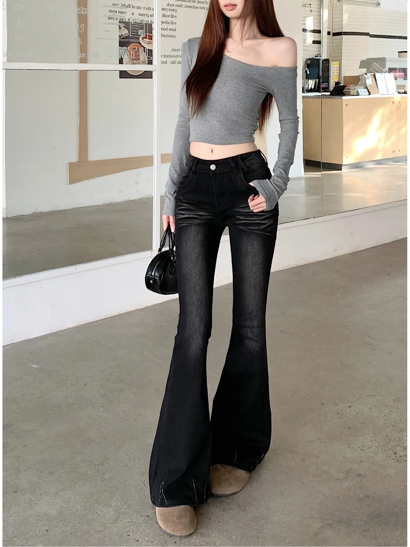 

Черные женские джинсы с высокой талией, винтажные, из выстиранного денима, весенние, облегающие, расклешенные, длинные брюки, повседневные, однотонные, из смесового хлопка