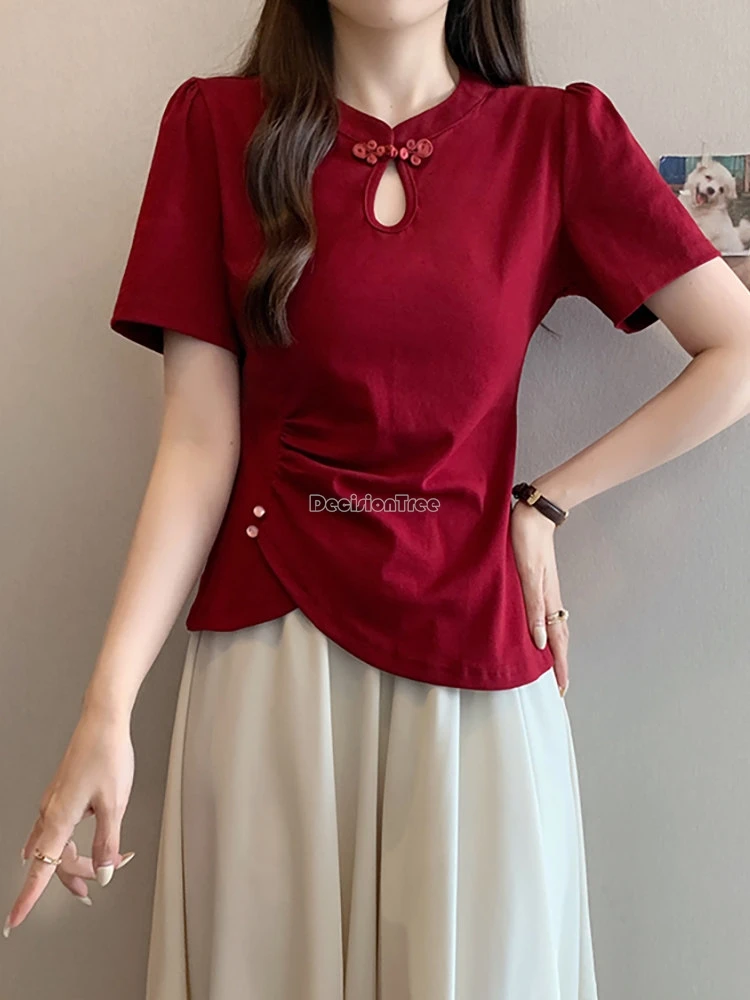 

Женская летняя рубашка-ципао 2025 года в улучшенном ретро-стиле с коротким рукавом, воротником-стойкой и асимметричным дизайном