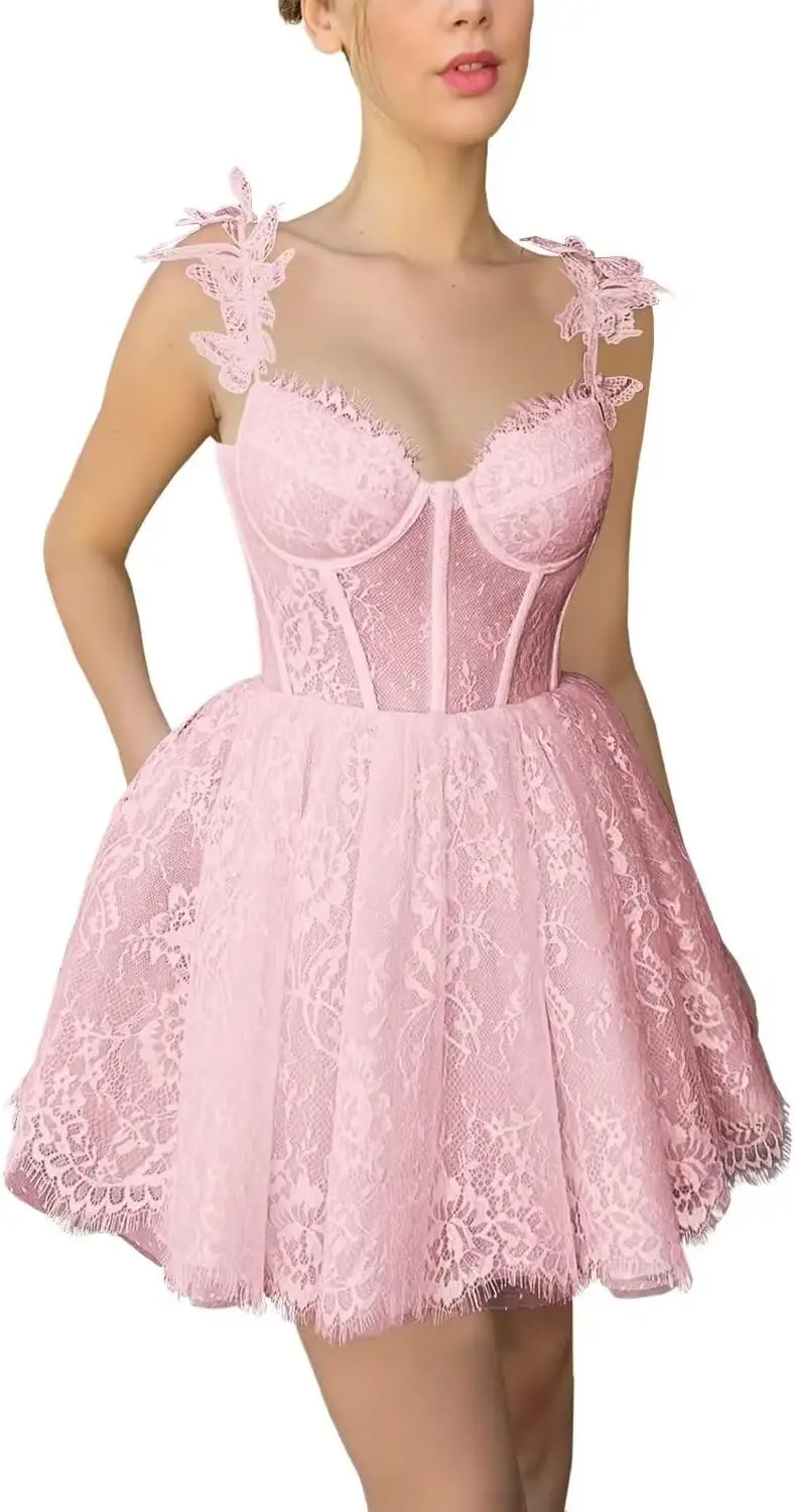 تول الدانتيل فساتين لحضور الحفلات الموسيقية مع الزهور الخامس الرقبة المرأة قصيرة صغيرة صغيرة مساء مشد العودة للوطن فساتين صغيرة فستان التخرج