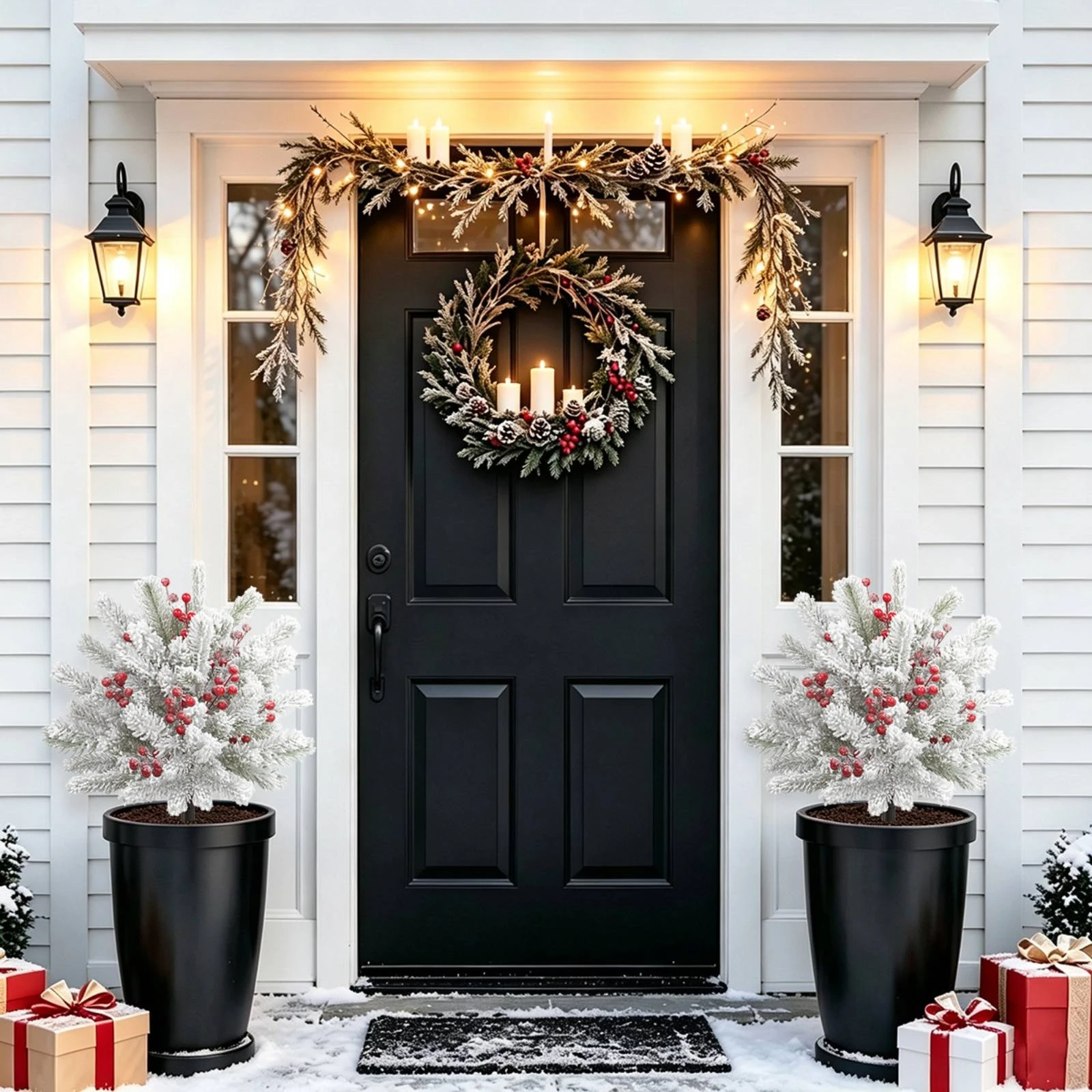 Artificial Christmas Fir Decoration Realistic Snow-Flocked Fir Decor with Red Berries Decorative Branches Outdoor