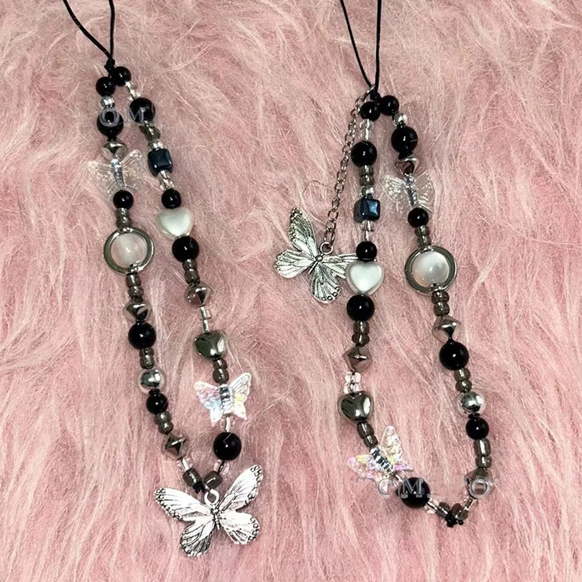 Japanese And Korean Spicy Girl Butterfly Black And White Mobile Phone Chain CCD Camera Unique Bead Hanging Rope Chain