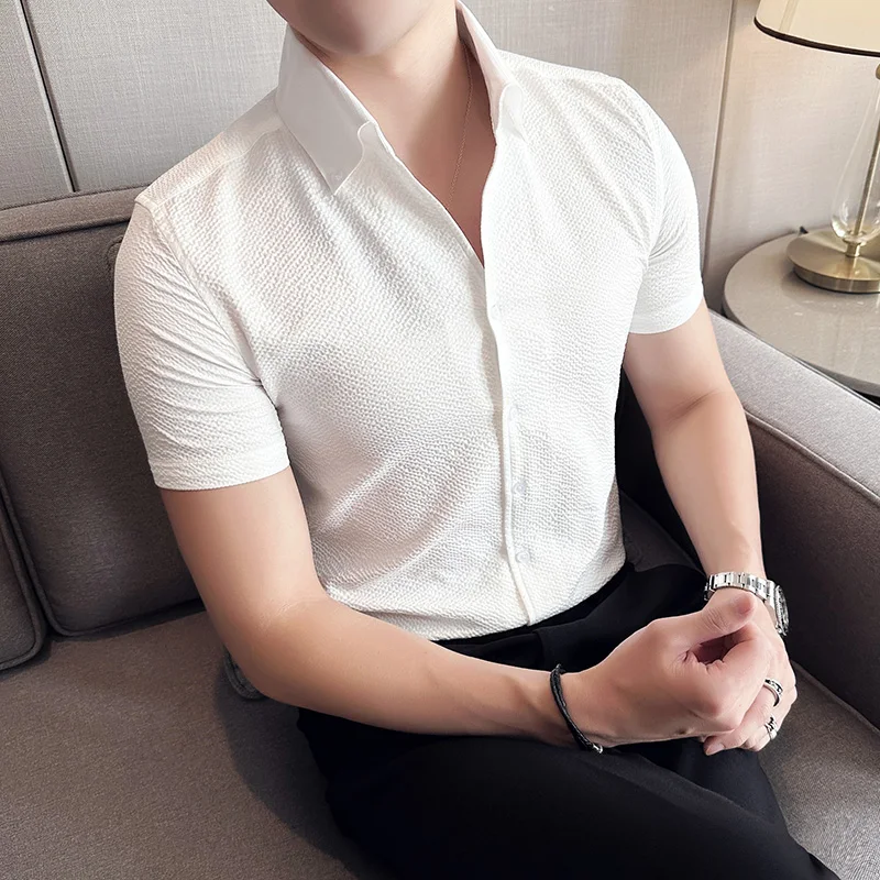 

Business Casual Waffle V-neck Shirt Men, Short Sleeve Slim Dress Shirt, Youth Ball, Party Slim Shirt High Quality Men's Clothing