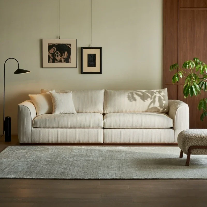 Fabric sofa cotton and linen wabi sabi retro style striped linen removable and washable straight row three people
