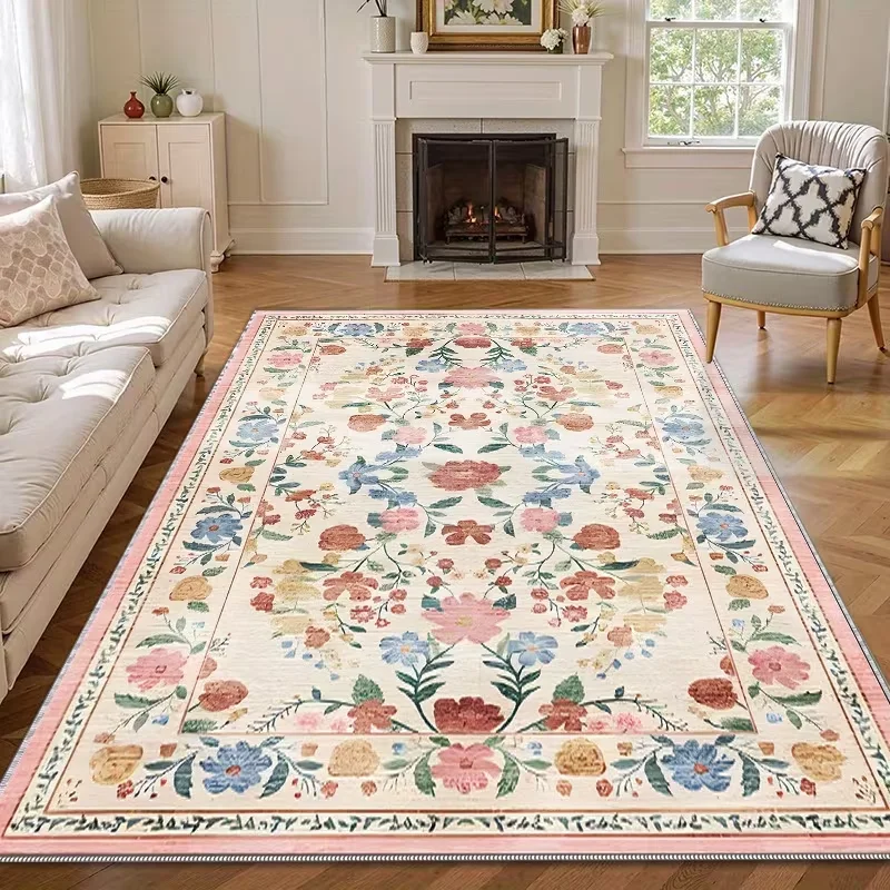 Vintage Cottagecore Floral Area Rug Retro Botanical Flower Soft Non-Slip Carpet Boho Illustration Design Living Room Bedroom Rug