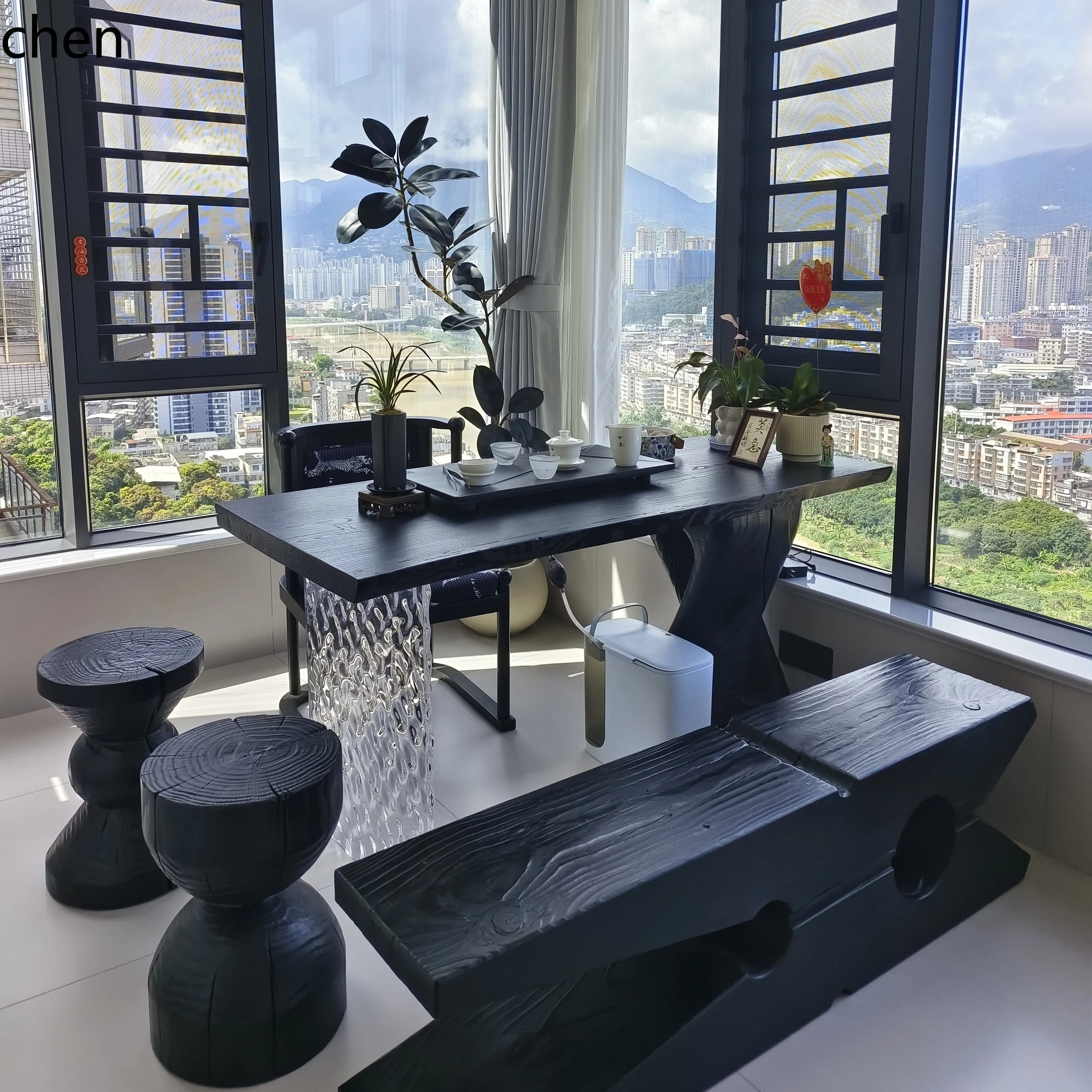 

HXL balcony tea table and chair combination acrylic suspended solid wood tea table simple table