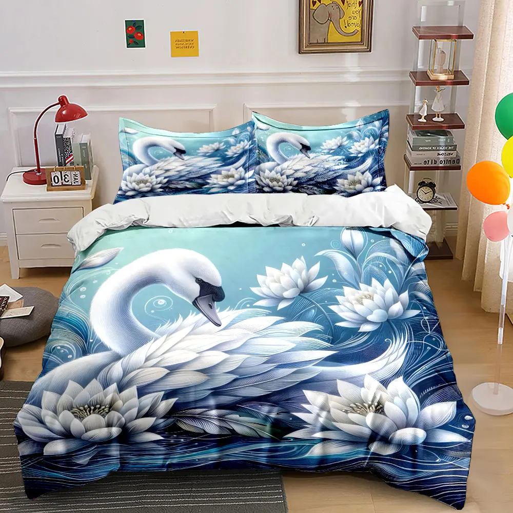 Swan with Blooming Lotuses Printed Duvet Cover Set1 Duvet Cover+2 PillowcaseMulti Size Bedroom Bedding Decor Luxury gifts