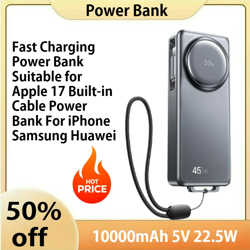 

Expansion Cable 10000mAh Fast Charging Power Bank Suitable for Apple 17 Built-in Cable Power Bank For iPhone Samsung Huawei