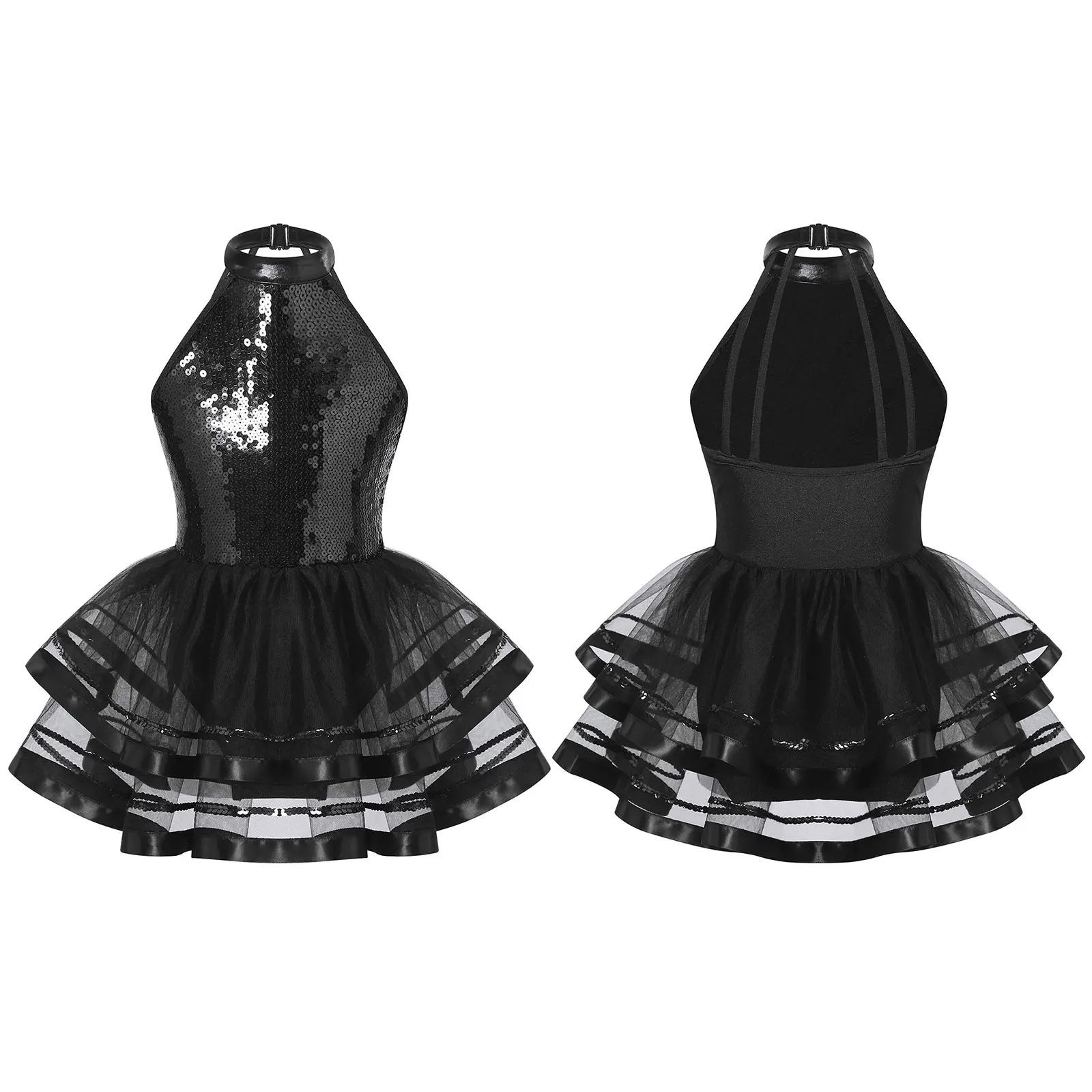 Kinder Mädchen Cheerleading Kostüm Latin Dance Performance Kleid ärmellose funkelnde Pailletten dekoriert Träger Tutu Mesh