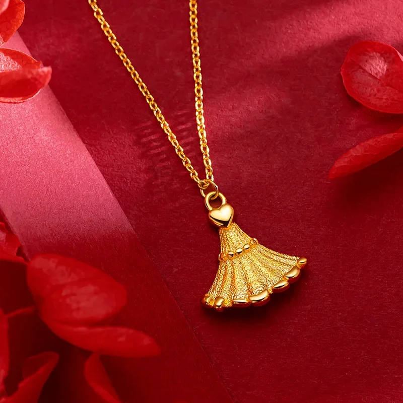 9999 real gold 24K yellow gold Small Skirt Pendant Collarbone Necklace real gold jewelry