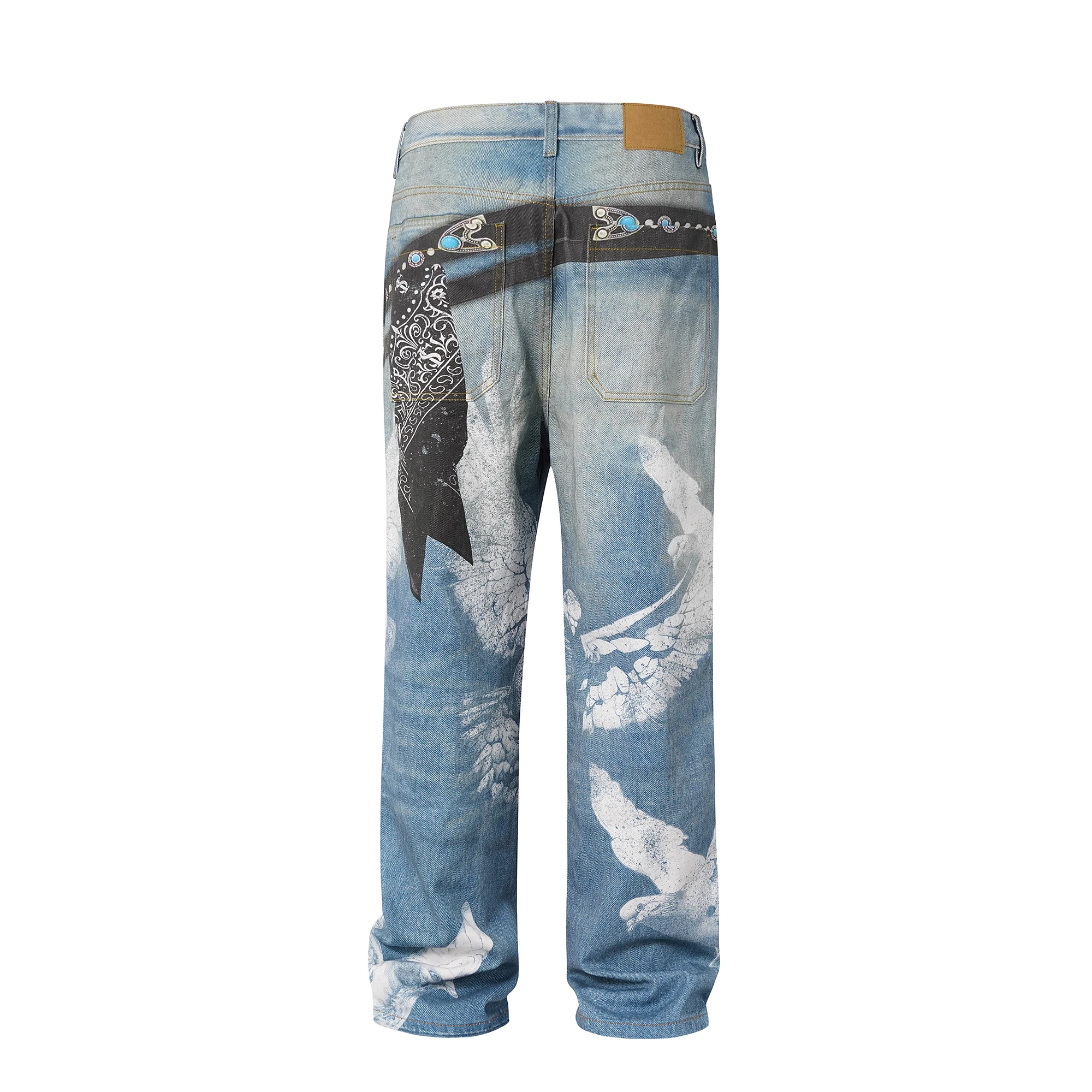 Dove of Peace Spray Painting Graffiti Jeans Y2k American Vintage Streetwear Straight Pants Jeans Loose Casual Men Denim Trousers