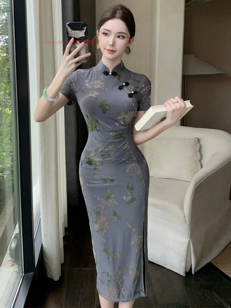 

2025 chinese vintage dress improved cheongsam national flower print evening dress traditional nightclub sexy qipao dress vestido
