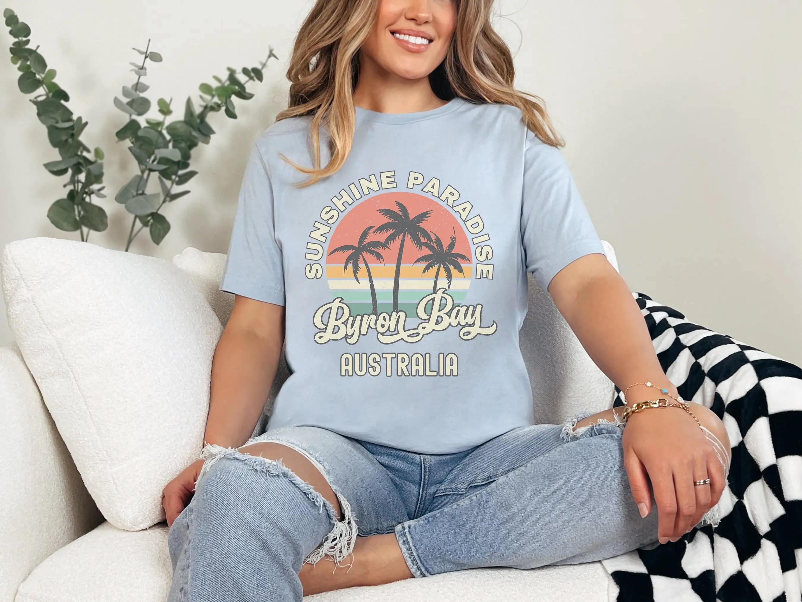 Byron Bay T Shirt Australia Souvenir Palm Tree Retro Sunset Matching Family Group Travel