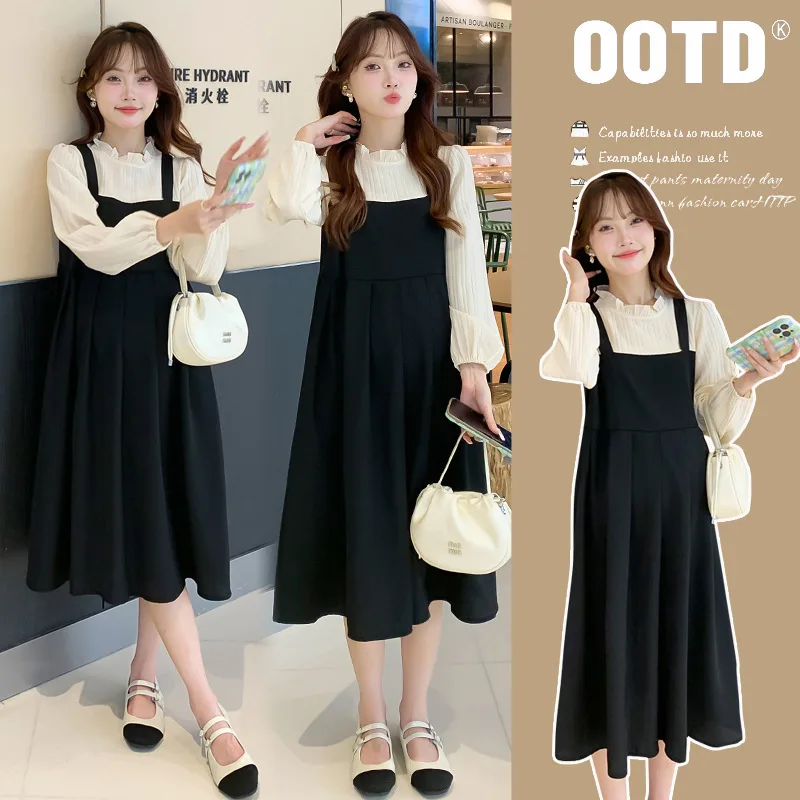 

2025 Korean Style Pregnancy Dress Autumn Fake Two Layer Flowy Dress Sweet Maternity Outfit Office Ready Comfortable Chic