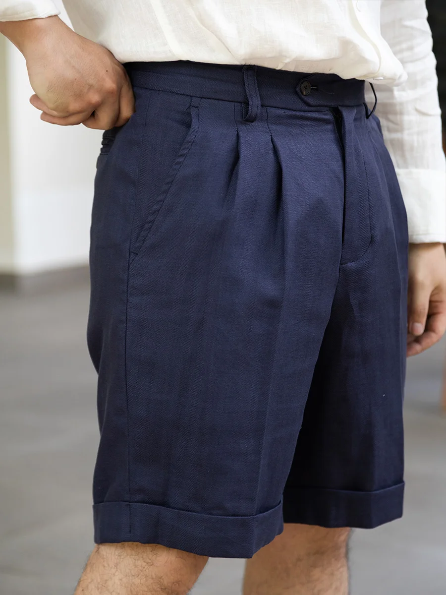 

Exquisite Italian Casual Old Money Style Drawstring Adjustable Back Five-Point Shorts Tencel Linen Navy