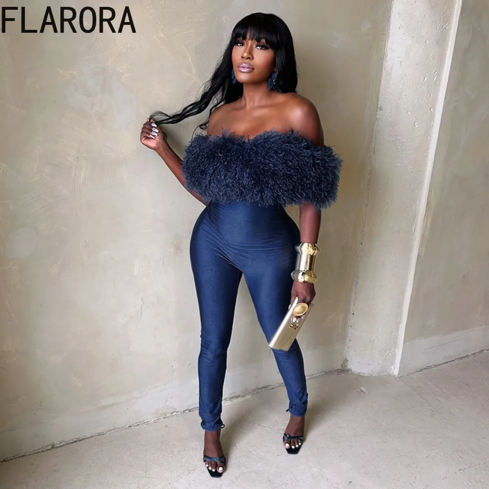 

FLARORA Sexy Luxury Furry Jumpsuits Woman Off Shoulder Slash Neck Full Sleeve Stretch Slim Fit Overalls Elegant Party Clubwear