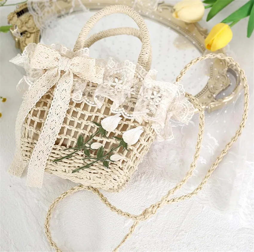 Mori Girl Lolita Flower Tulip Basket Straw Handbag Girl Kawaii Lace Trim Picnic Tea Party Outdoor Bag Props D1144