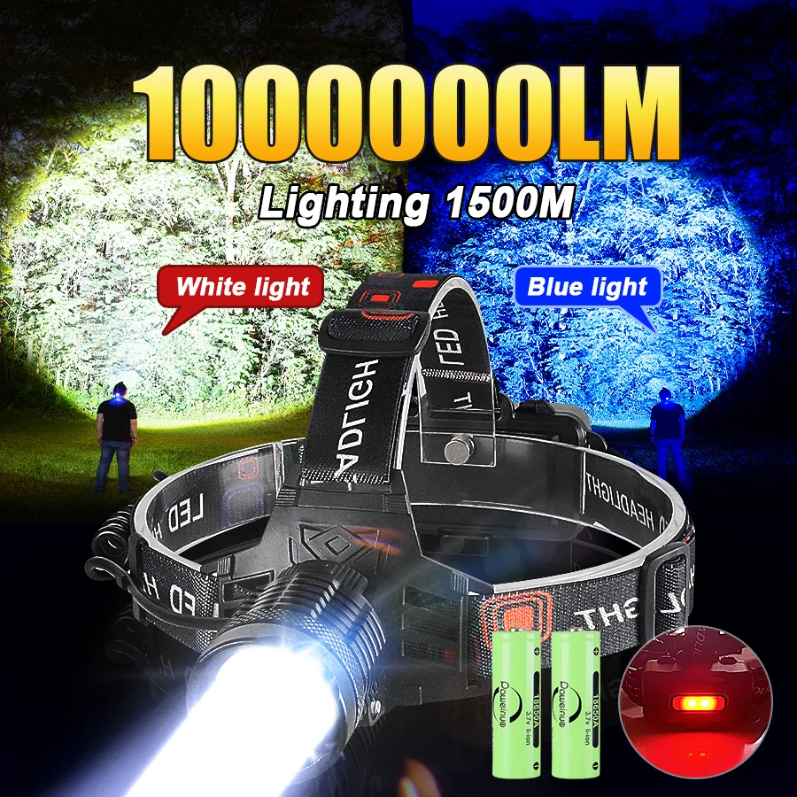 

1000000LM Strong Light LED Headlamp White+Blue Light Powerful Headlight Fishing Head Torch Zoomable Lamp Outdoor Camping Lights