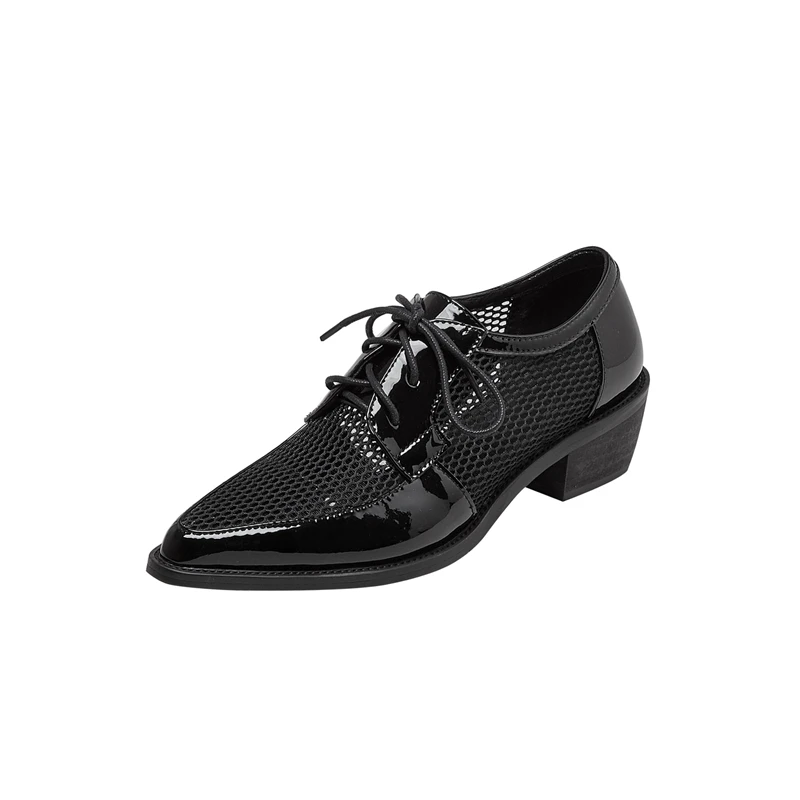 Zapatos puntiagudos de cuero genuino para mujer, calzado Sexy de malla negra con tacón alto y correa grande, transpirable, novedad de Primavera/Verano, 2024