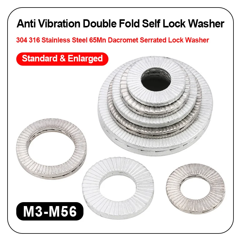304 316 Stainless Steel 65Mn Dacromet Double Fold Self Lock Washer Enlarged Serrated Anti Vibration Lock Washer M3-M56