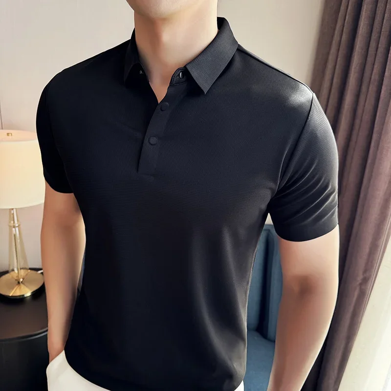 Polo para hombre, novedad de verano 20224, camiseta de manga corta ajustada elástica informal lisa sin marcas de seda helada, ropa para hombre