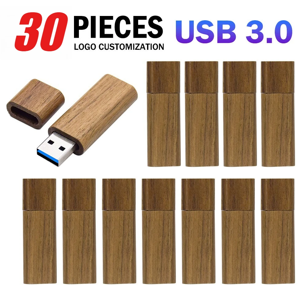 30개/묶음 나무 비즈니스 USB 플래시 드라이브 천연 목재 턴오버 펜드라이브 4GB 8GB 16GB 32GB 64GB 메모리 스틱 무료 맞춤 로고