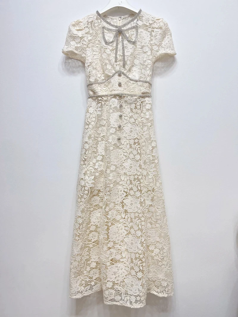 EVACANDIS Palace Vintage Style Women Floral Lace Midi Dress Ivory White Handmade Diamond Bow Short Sleeve Round Neck Lady Party