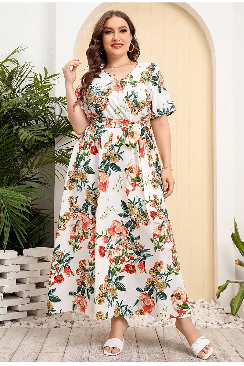 Plus Size S-5XL V-neck Short Sleeved Printed Boho Dress for Women With Elastic Waist Loose Maxi Dress