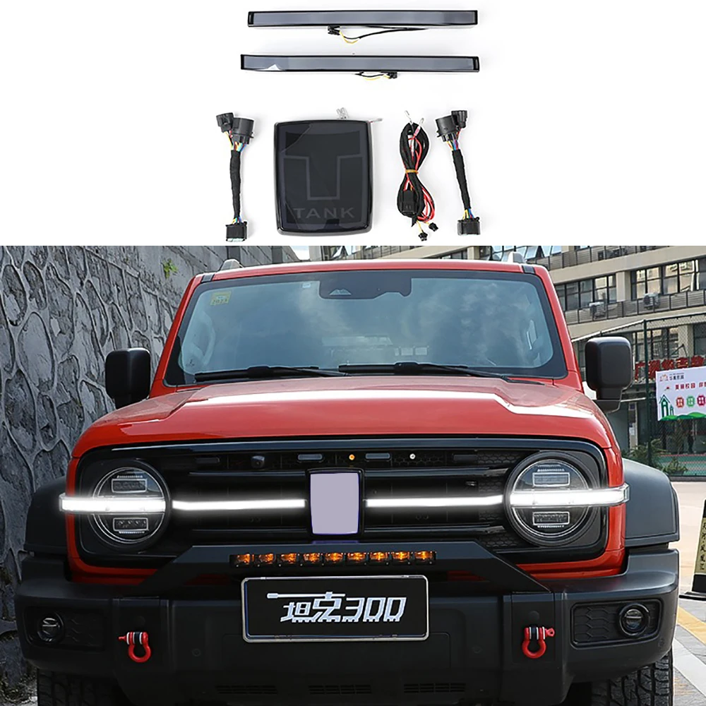 Car Front Grille Lights Through Light Horizontal Strip Atmosphere Light Daytime Running Light With Logo For Tank 300 2021-2024