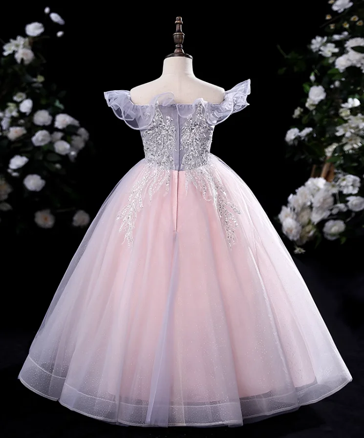 IRIDESCENT Pink Fluffy Flower Girl Dress Lace Embroidered Scoop Wedding Princess Host Performance Zipper Skirt Evening Dresses