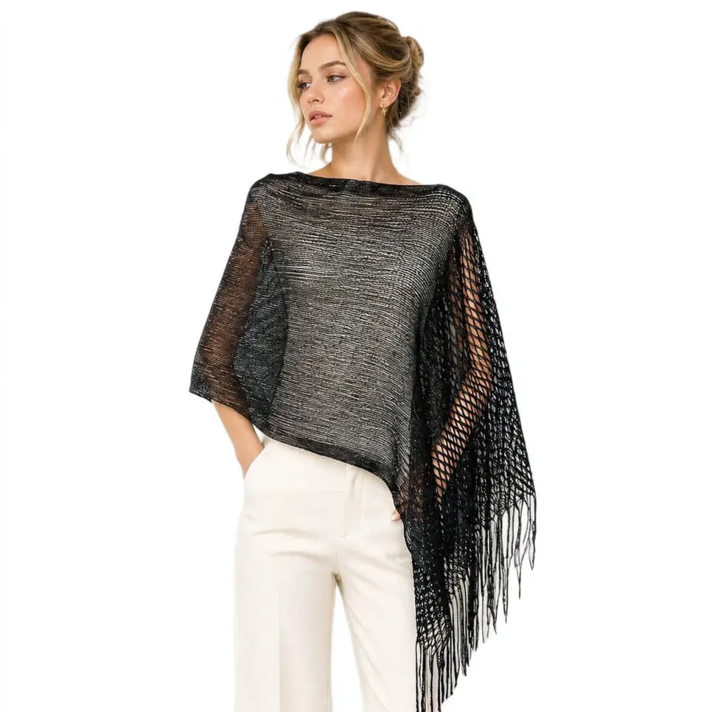 Elegant Hollow Out Mesh Shawl Womens Metallic Tassel Cape Summer Wrap For Evening Party Wedding Guest Dress Accessory