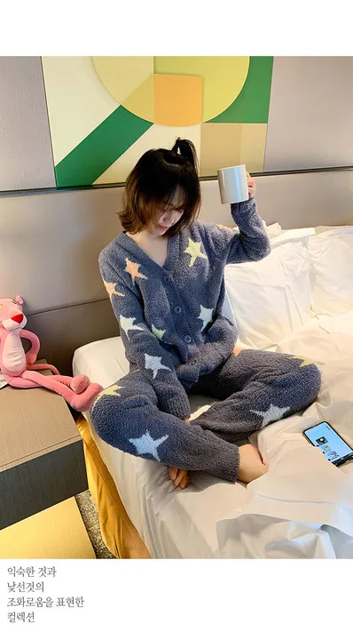 Japão estilo gp grosso de malha colorido estrelas pijamas conjunto casa camisolas salão wear geleto pijamas