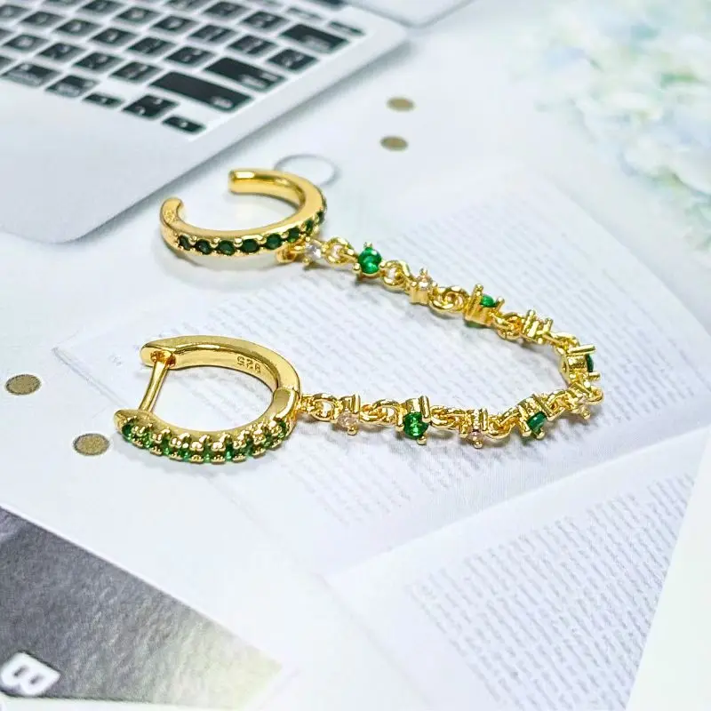925 Silver Needle Green Geometric Zircon Chain Earrings For Women Luxury Crystal Perforated Stud Earrings Fashion Party Jewelry