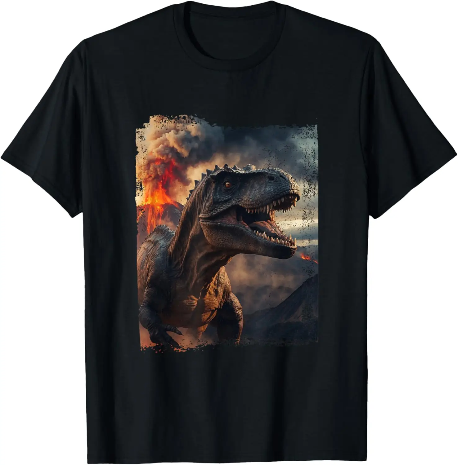 Dinosaur T-Rex Roaring and Volcano Realistic Dino Graphic T-Shirt