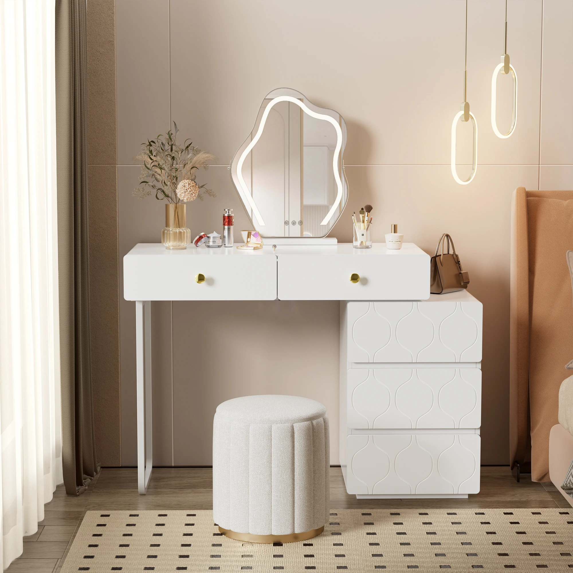 VSOGA dressing table, 5 drawers, without mirrors and stool, wardrobe and legs interchangeable, 90x40x73.5 cm, wave pattern, minimalist style, White