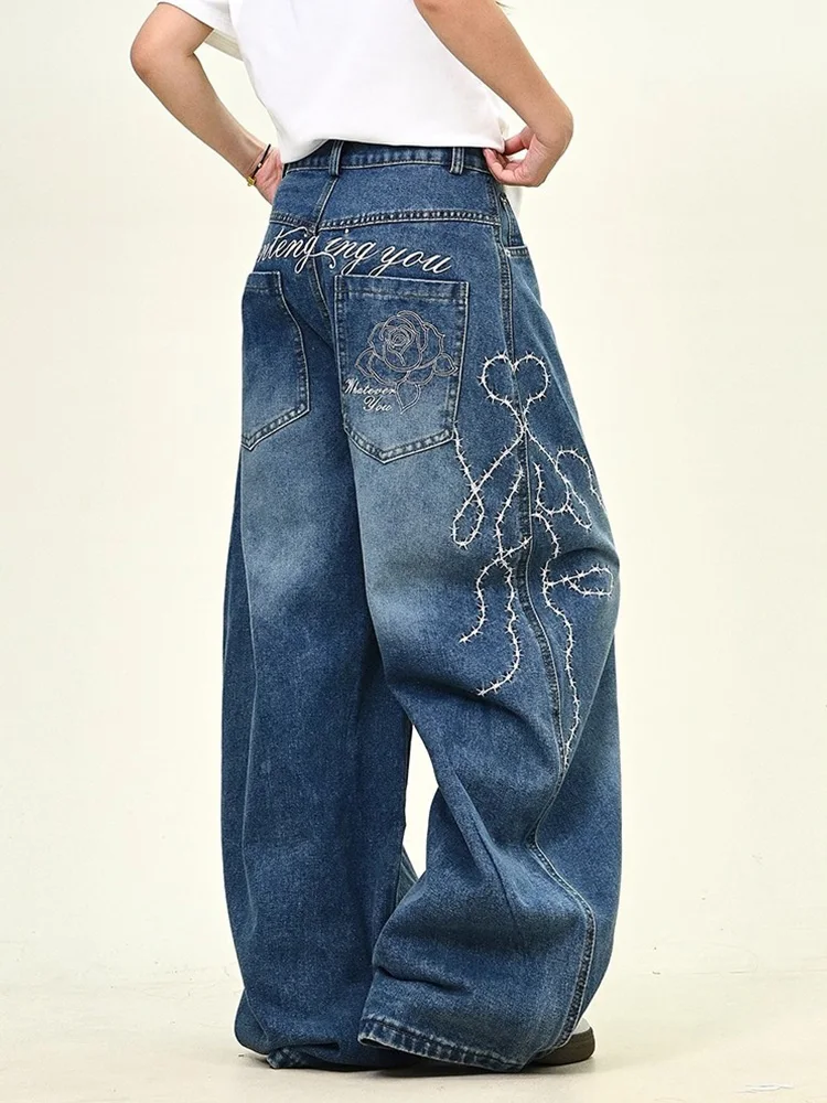 

Women Korean Style High Street Rose Embroidery Loose-fit Casual Style Wide Leg Wide Leg Flared Jean Vintage Denim Curved Pants