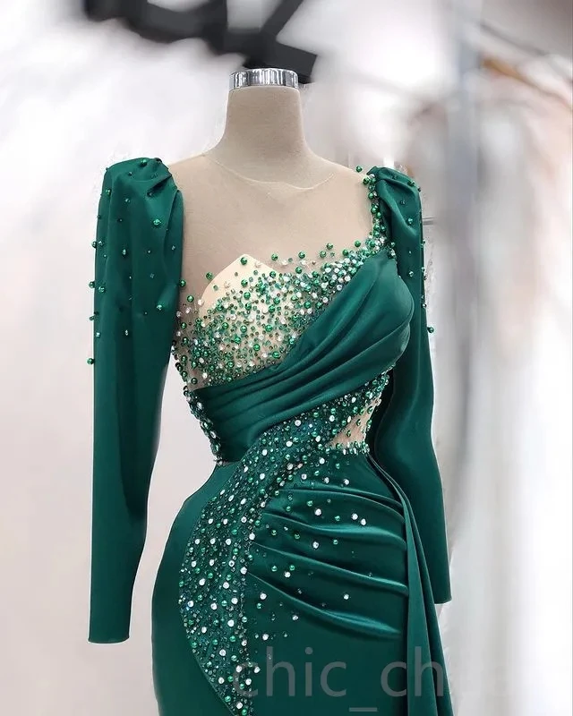 Green African American Prom Dresses Mermaid Long Sleeves Pearls Black Girls Nigeria Dubai Saudi Arabia Evening Dresses Gown