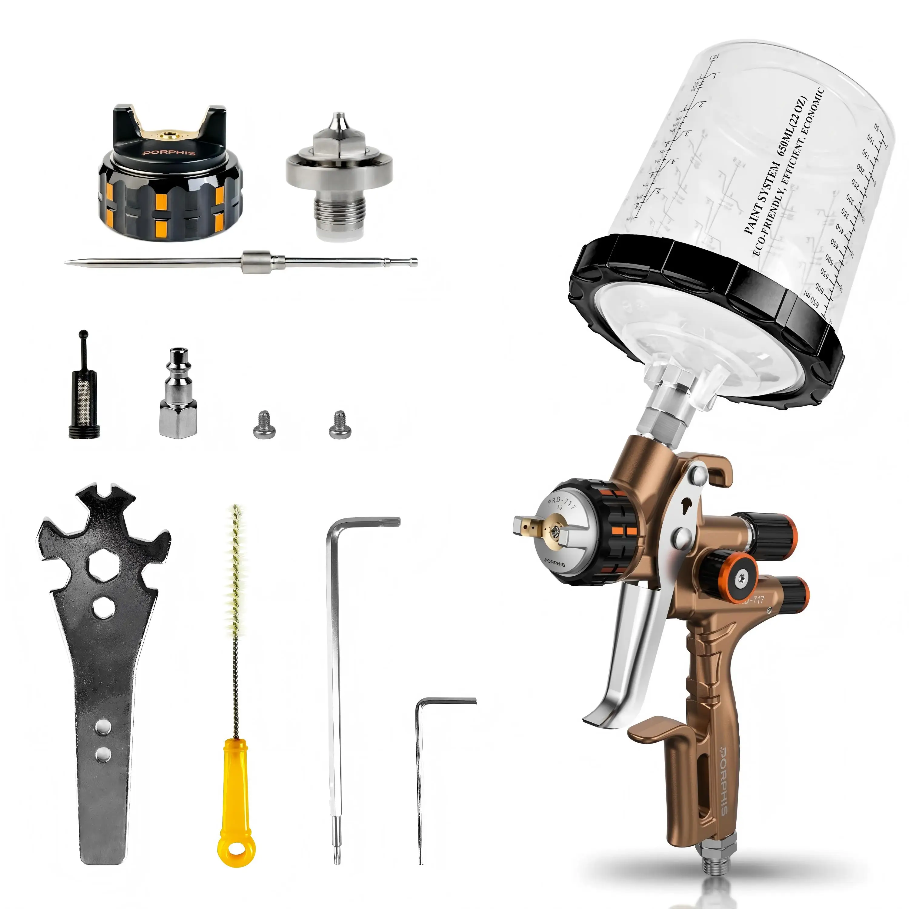 PORPHIS PRD-717 HVLP Gravity Spray Gun Kit Professional Air Sprayer 1.3mm with 1.4mm Needle Nozzle Cap for Auto Body Car Paint